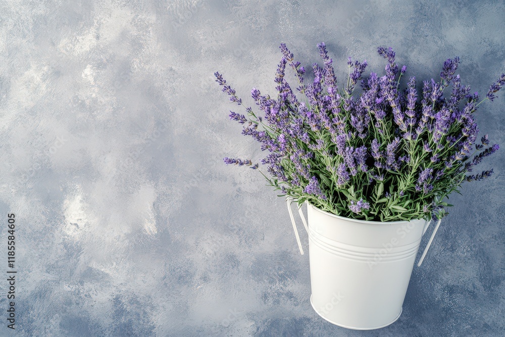 Obraz premium Lavender blossoms in a white bucket against a gray background