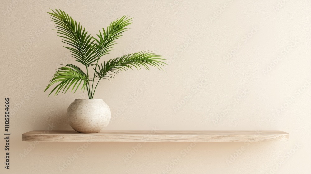 Green palm leaves in a simple vase on a wooden shelf against a light-colored wall Green palm leaves in a simple vase on a wooden shelf against a light-colored wall