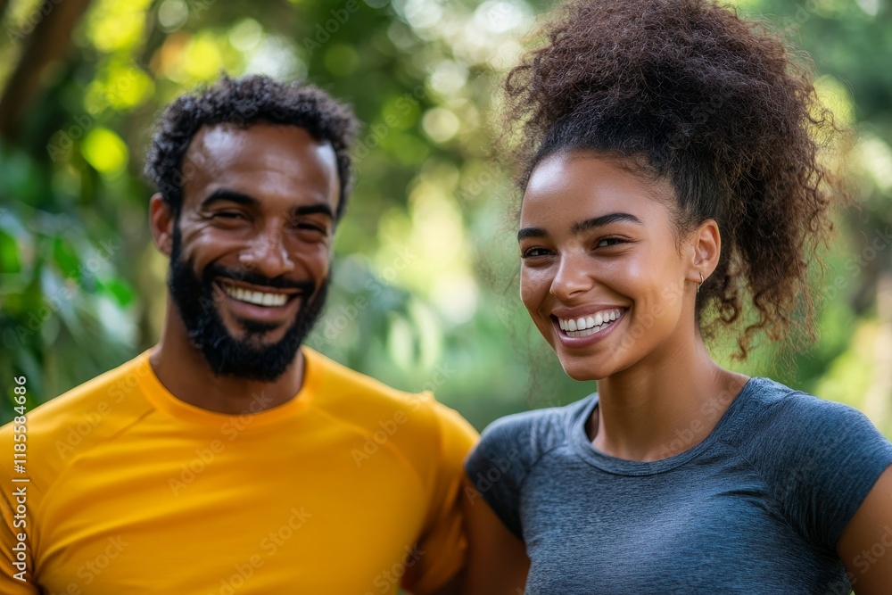 Happy athletic couple talking while jogging in park. Generative AI Happy athletic couple talking while jogging in park. Generative AI