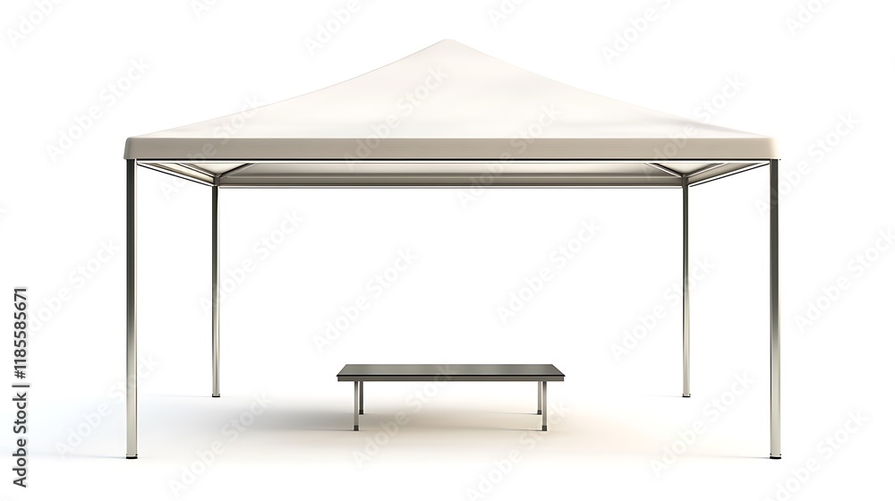 A contemporary market tent with steel framework, blank storefront sign with beveled edges, table below arranged symmetrically, glossy digital painting with reflective surfaces, even and bright A contemporary market tent with steel framework, blank storefront sign with beveled edges, table below arranged symmetrically, glossy digital painting with reflective surfaces, even and bright