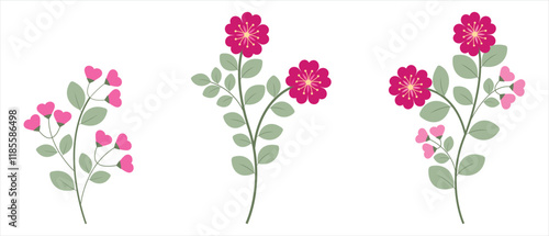 Love Pink Fuchsia Flowers And Green Leaves Collection