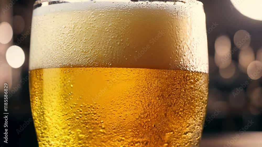 Slow zoom-out video of pale ale beer being poured into a glass, the liquid flows from a tap, with blurred brewery setting in the background, ambient light Slow zoom-out video of pale ale beer being poured into a glass, the liquid flows from a tap, with blurred brewery setting in the background, ambient light