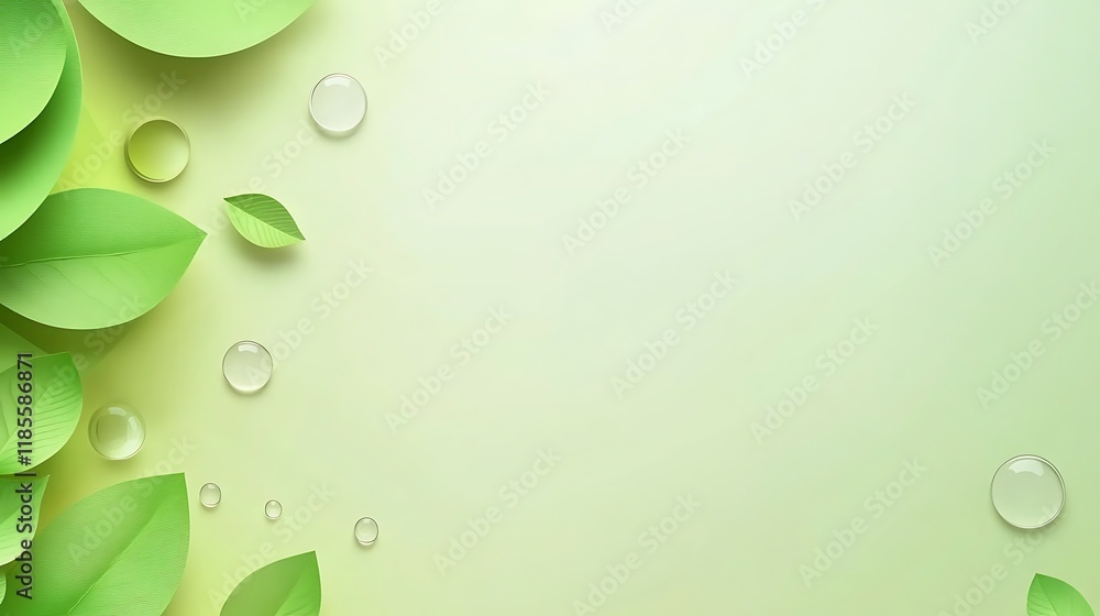 Green Leaves and Water Droplets on Pale Green Background Green Leaves and Water Droplets on Pale Green Background