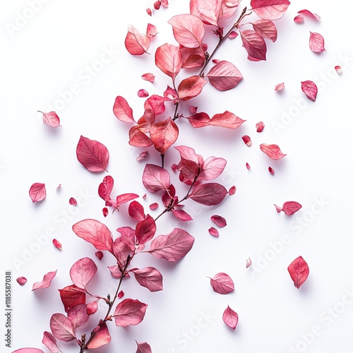 A delicate arrangement of pink leaves and petals scattered on a white background, showcasing nature's beauty.