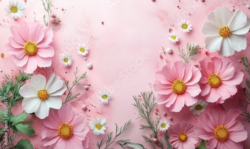 A vibrant arrangement of pink and white flowers on a soft pink background, ideal for decorative or artistic purposes.