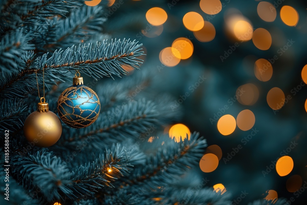 A close-up of a decorated Christmas tree with ornaments and warm bokeh lights in the background. A close-up of a decorated Christmas tree with ornaments and warm bokeh lights in the background.