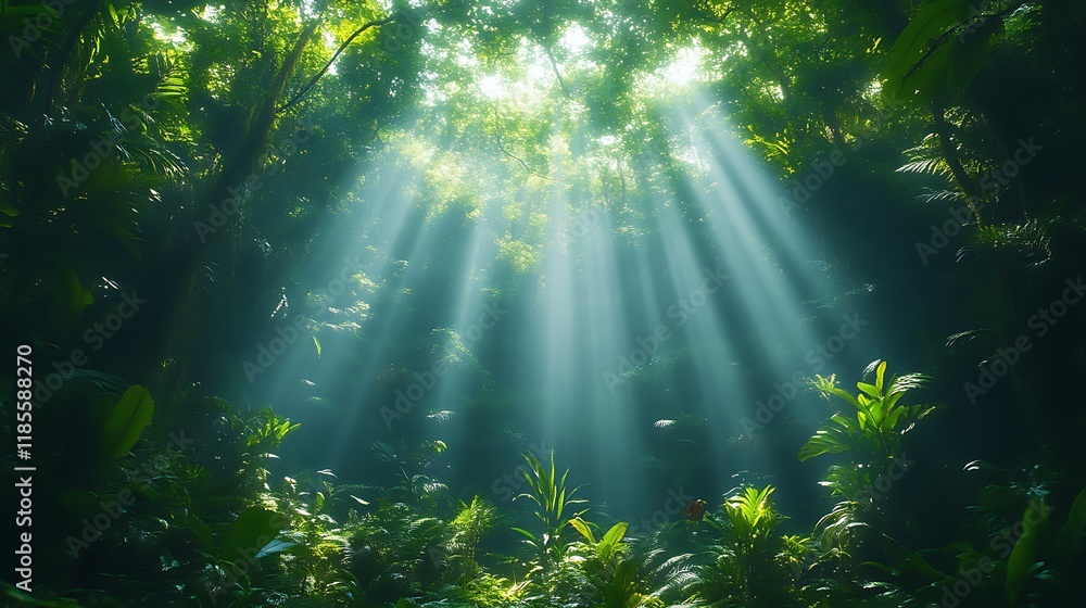 Sunbeams pierce through lush, green jungle canopy. Sunbeams pierce through lush, green jungle canopy.