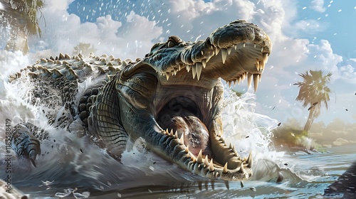 A massive crocodile emerges from water, showcasing its powerful jaws and fierce nature.