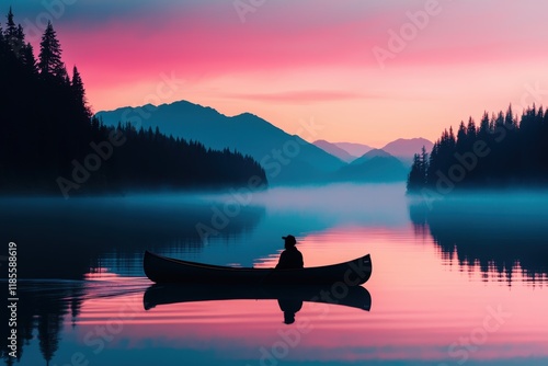 Serene Canoe Journey at Dawn Among Tranquil Misty Mountains photo