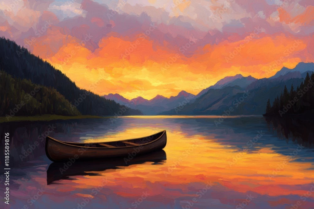 Serene Canoe on Tranquil Lake at Sunset with Colorful Sky Serene Canoe on Tranquil Lake at Sunset with Colorful Sky