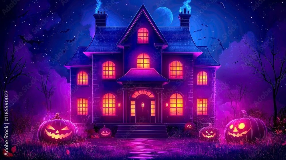 Fototapeta premium Enchanted Halloween House: Spooky Night Scene with Jack-o'-lanterns