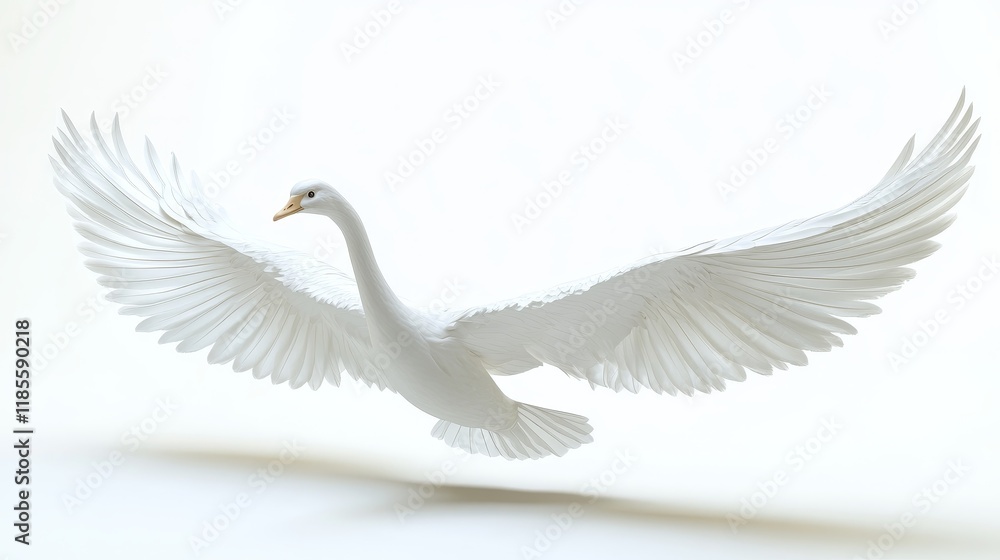 Fototapeta premium A graceful white swan in flight, wings outstretched against a stark white background