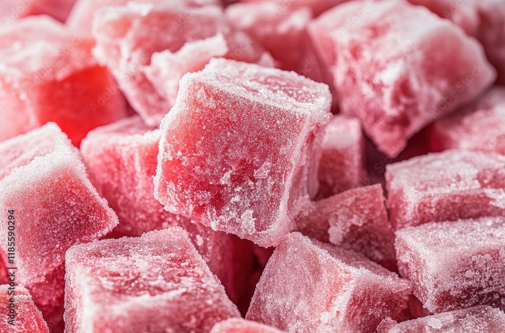 Close-Up of Colorful Frozen Strawberry Cubes Beside Each Other Ideal for Food Photography, Culinary Projects, Desserts and Refreshing Summer Treats Close-Up of Colorful Frozen Strawberry Cubes Beside Each Other Ideal for Food Photography, Culinary Projects, Desserts and Refreshing Summer Treats