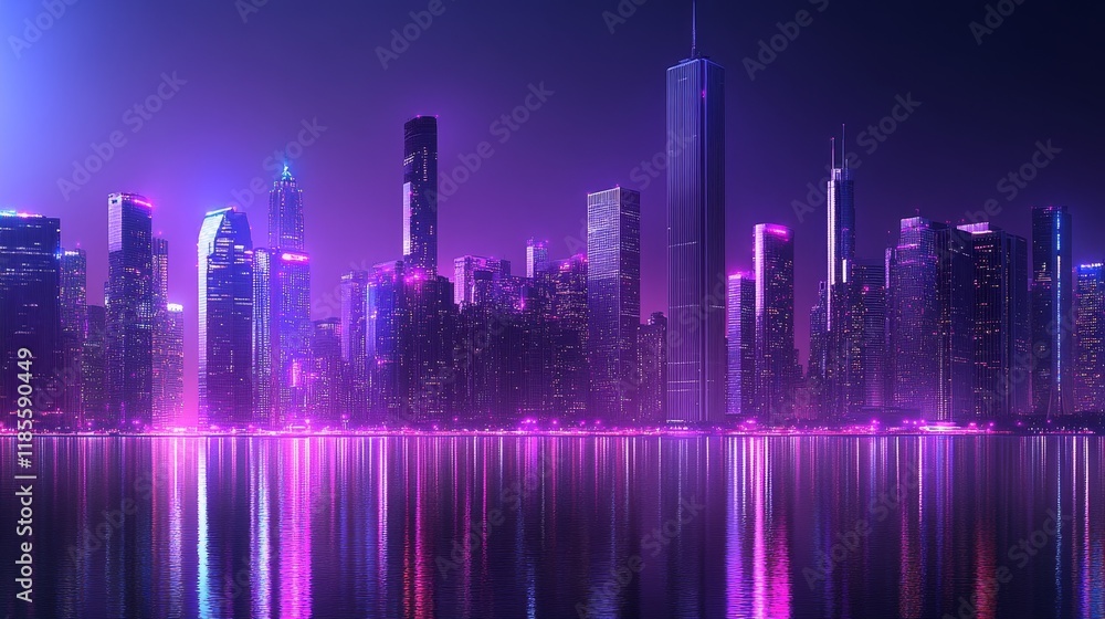 Neon-lit futuristic cityscape reflected in tranquil water at night Neon-lit futuristic cityscape reflected in tranquil water at night