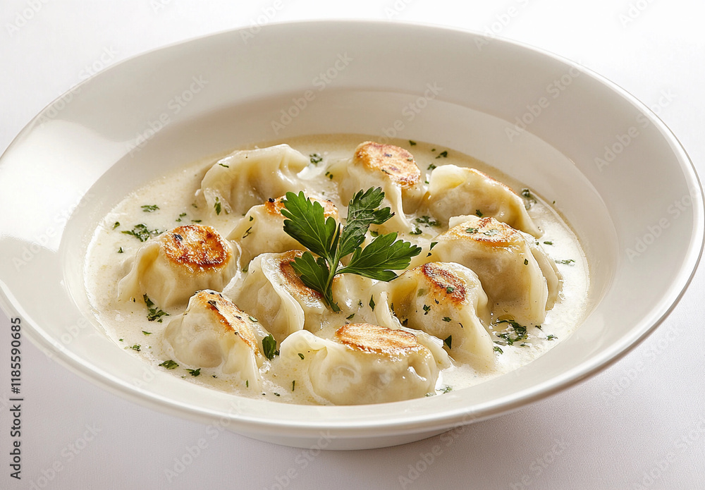 Pan-Seared Dumplings in Creamy Sauce on a White Plate. Gourmet Food Pan-Seared Dumplings in Creamy Sauce on a White Plate. Gourmet Food