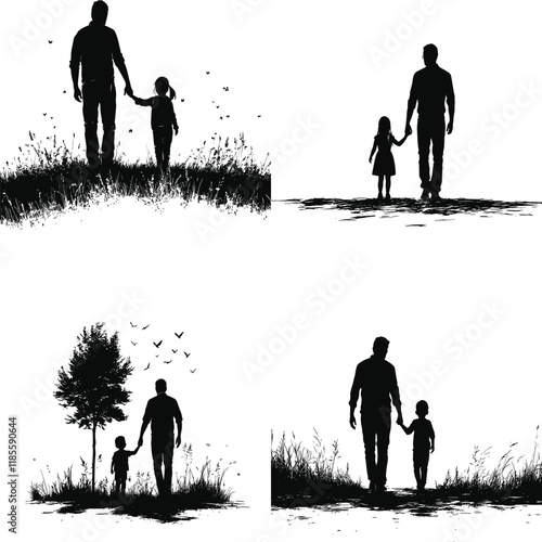 Silhouette of Family Love in Fall Scenery, Walking Together in the Warm Colors of Fall