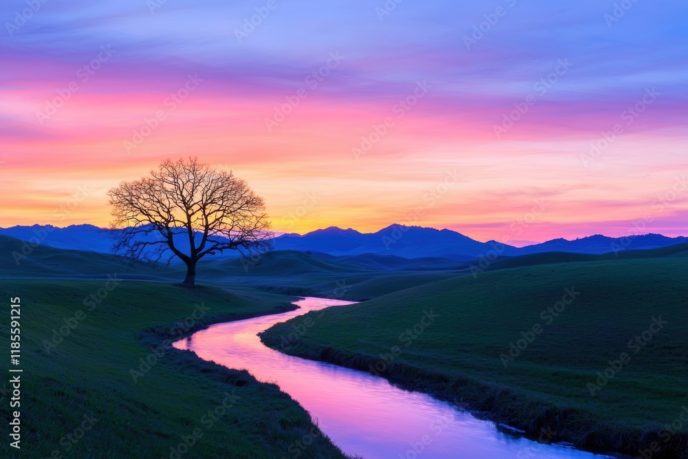 Fototapeta premium Serene Landscape with Tree and Reflections at Sunset in Nature