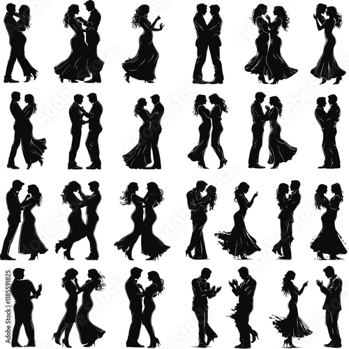 Ballroom Party Dance Couple Silhouettes, Silhouettes of the pairs dancing ballroom dances. couple man woman ballroom dancers tangoing silhouette. Young couples silhouette dancing on white background.