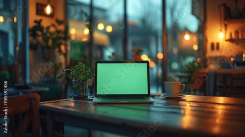 Wallpaper Mural Mockup image of laptop with blank green screen on wooden table in cafe Torontodigital.ca