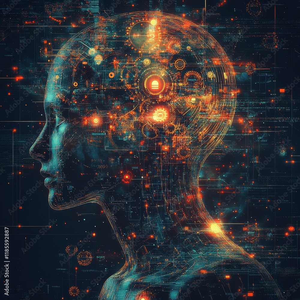Digital human profile with glowing circuits.