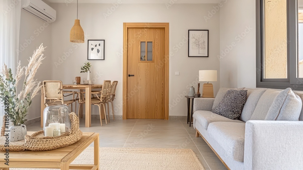 Fototapeta premium Minimalistic art studio featuring white walls, natural wood floors, and abundant light.