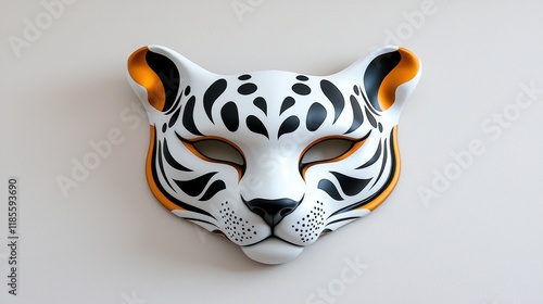 a white tiger mask with black and orange stripes photo