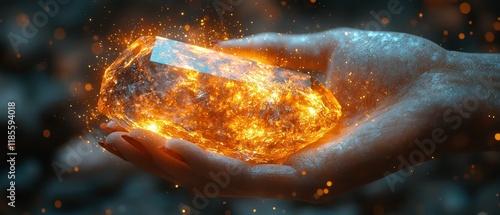 A hand holds a glowing crystal emitting sparks. Ideal for fantasy, magic, or power-themed visuals. photo