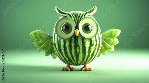 Creative watermelon owl sculpture showcasing vibrant colors and playful design on a green background photo