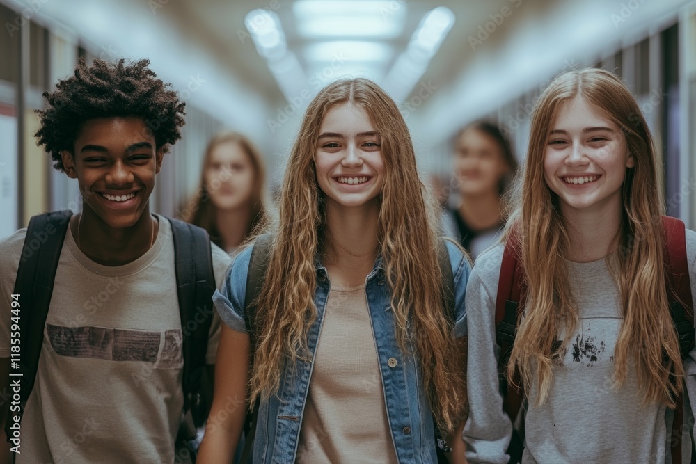 Multiracial group of cheerful high school friends walk through hallway at school. Generative AI