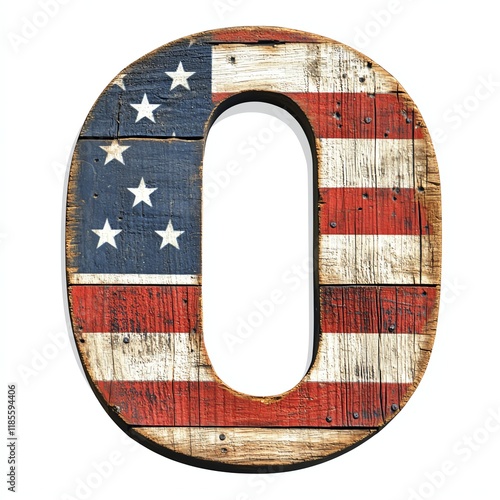 Letter O decorated with American flag design on a wooden texture. photo