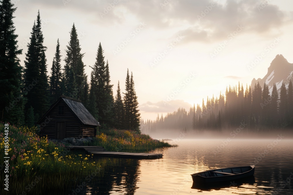 Tranquil Lakeside Cabin Surrounded by Tall Trees at Sunrise Tranquil Lakeside Cabin Surrounded by Tall Trees at Sunrise