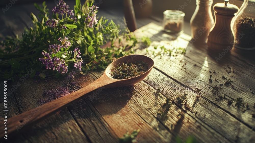 Rustic Herbs and Spices on Wooden Table in Sunlight Rustic Herbs and Spices on Wooden Table in Sunlight