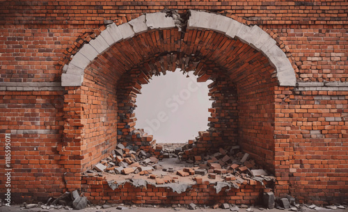 Brick archway with a hole in the middle. The archway is made of bricks photo