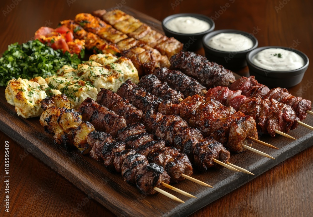 Delicious Platter of Grilled Skewers and Fresh Vegetables Served with Creamy Dips on a Wooden Board, Perfect for Barbecues and Gatherings Delicious Platter of Grilled Skewers and Fresh Vegetables Served with Creamy Dips on a Wooden Board, Perfect for Barbecues and Gatherings