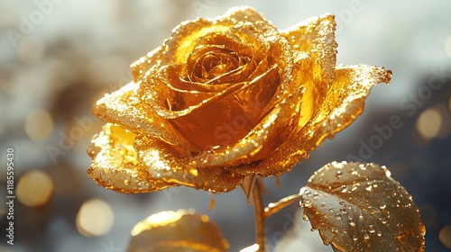 A stunning golden rose glistens with dew, capturing beauty and elegance in a vibrant, artistic presentation.
