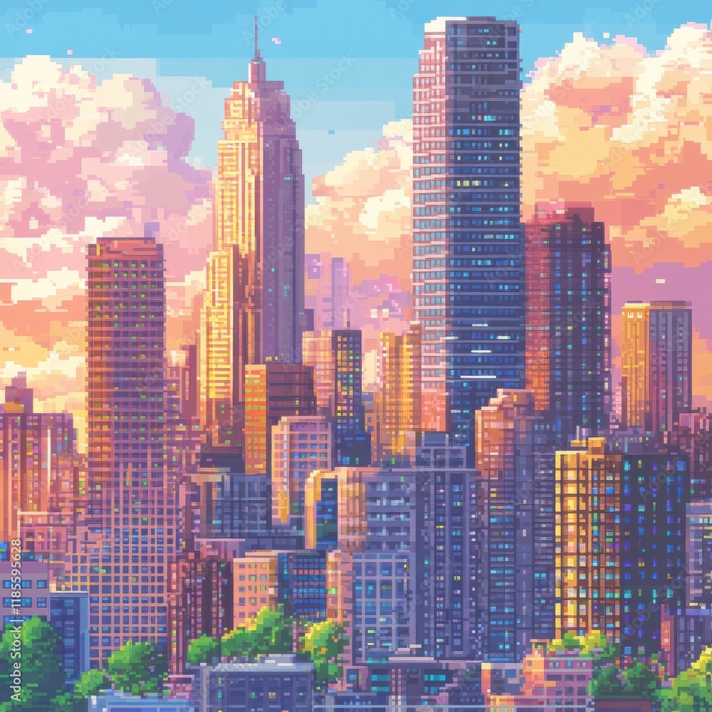 Obraz premium Vibrant skyline at sunset with towering buildings.