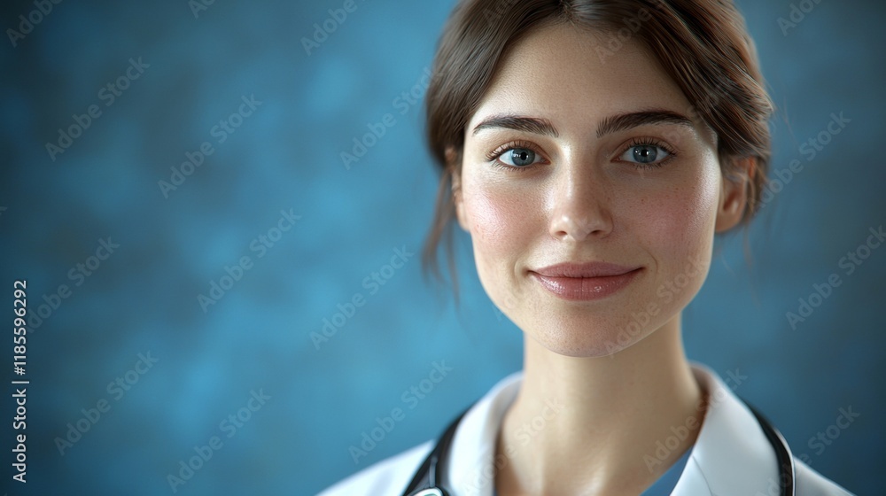 Young female doctor smiles confidently for a portrait during a clinical setting at a healthcare facility Young female doctor smiles confidently for a portrait during a clinical setting at a healthcare facility