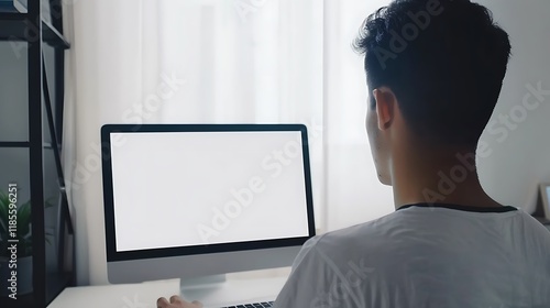 A person sitting at a computer, staring at a blank screen in a well-lit room.