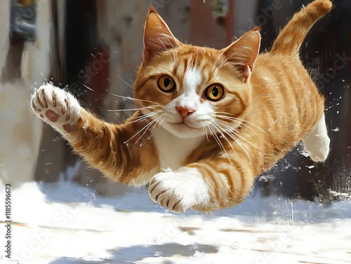 Orange cat jumps near a glass door, blurred background. Use social media photo