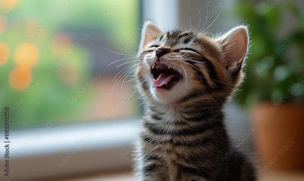 Obraz premium A playful kitten with a wide-open mouth, expressing joy or curiosity in a cozy indoor setting.