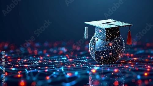 A graduation cap is positioned on a digital globe surrounded by vibrant, illuminated connections representing technology and education.