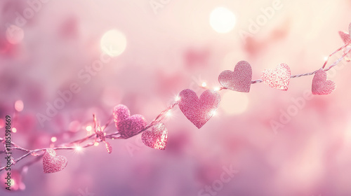  Sparkling Pink Heart Garland with Soft Bokeh Background, pink cherry blossom