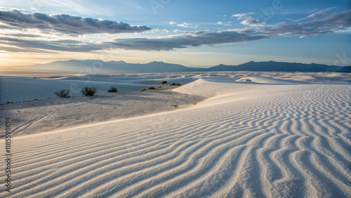 serene desert landscape with soft sand patterns and distant mountains