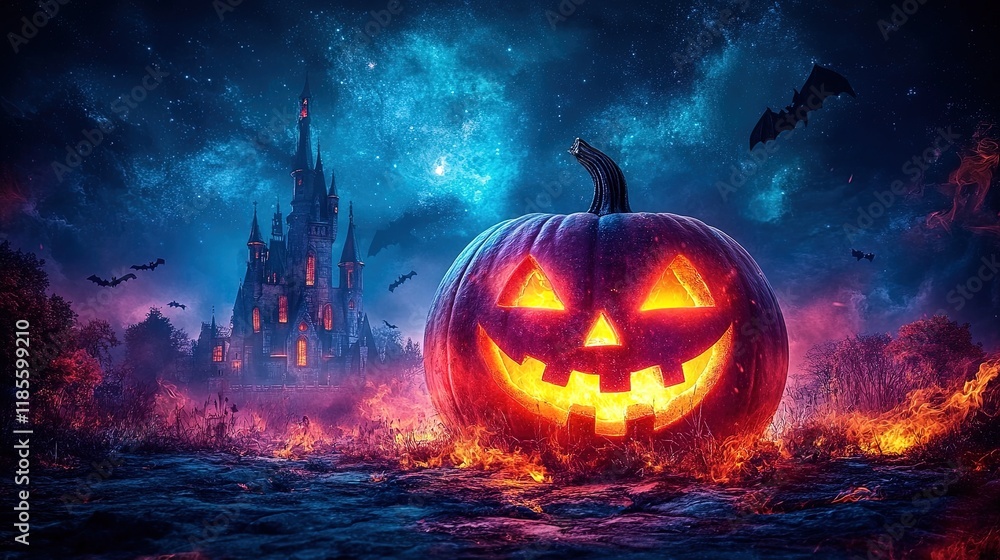 A spooky Halloween scene featuring a glowing jack-o'-lantern in front of a castle under a starry sky. A spooky Halloween scene featuring a glowing jack-o'-lantern in front of a castle under a starry sky.