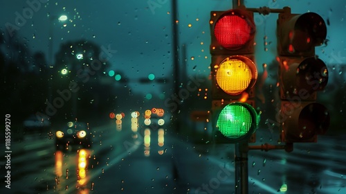 A rainy street scene featuring traffic lights and blurred car lights in the background.
