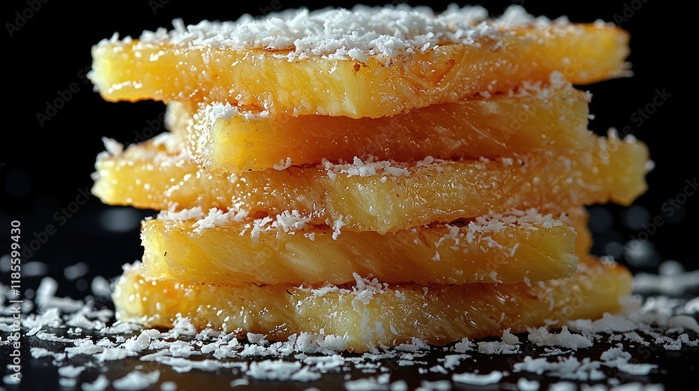 Close-up of Caramelized Pineapple Slices Dusted with Shredded Coconut