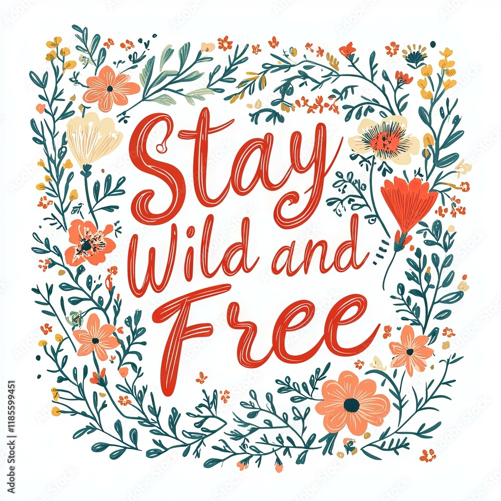 Floral Wreath Encircles 'Stay Wild and Free': A Vibrant, Hand-Lettered Design Floral Wreath Encircles 'Stay Wild and Free': A Vibrant, Hand-Lettered Design