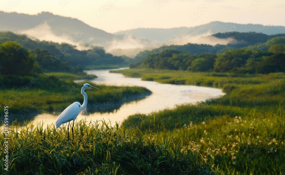 Fototapeta premium Serene White Bird Standing Near Tranquil River in Early Morning Light