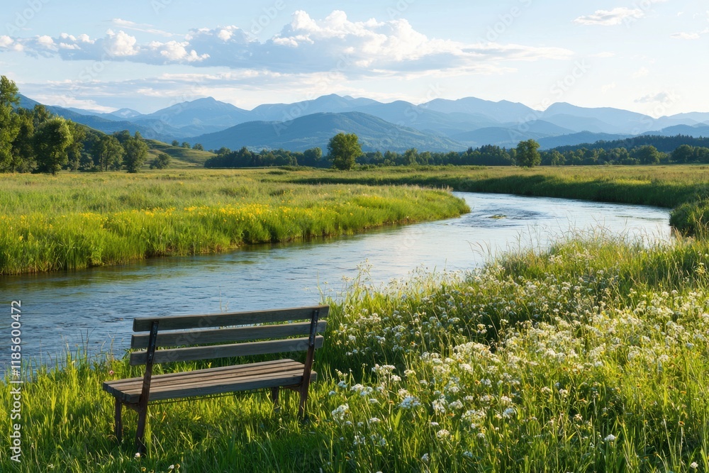 Serene Riverbank Scene with Bench Surrounded by Lush Greenery Serene Riverbank Scene with Bench Surrounded by Lush Greenery