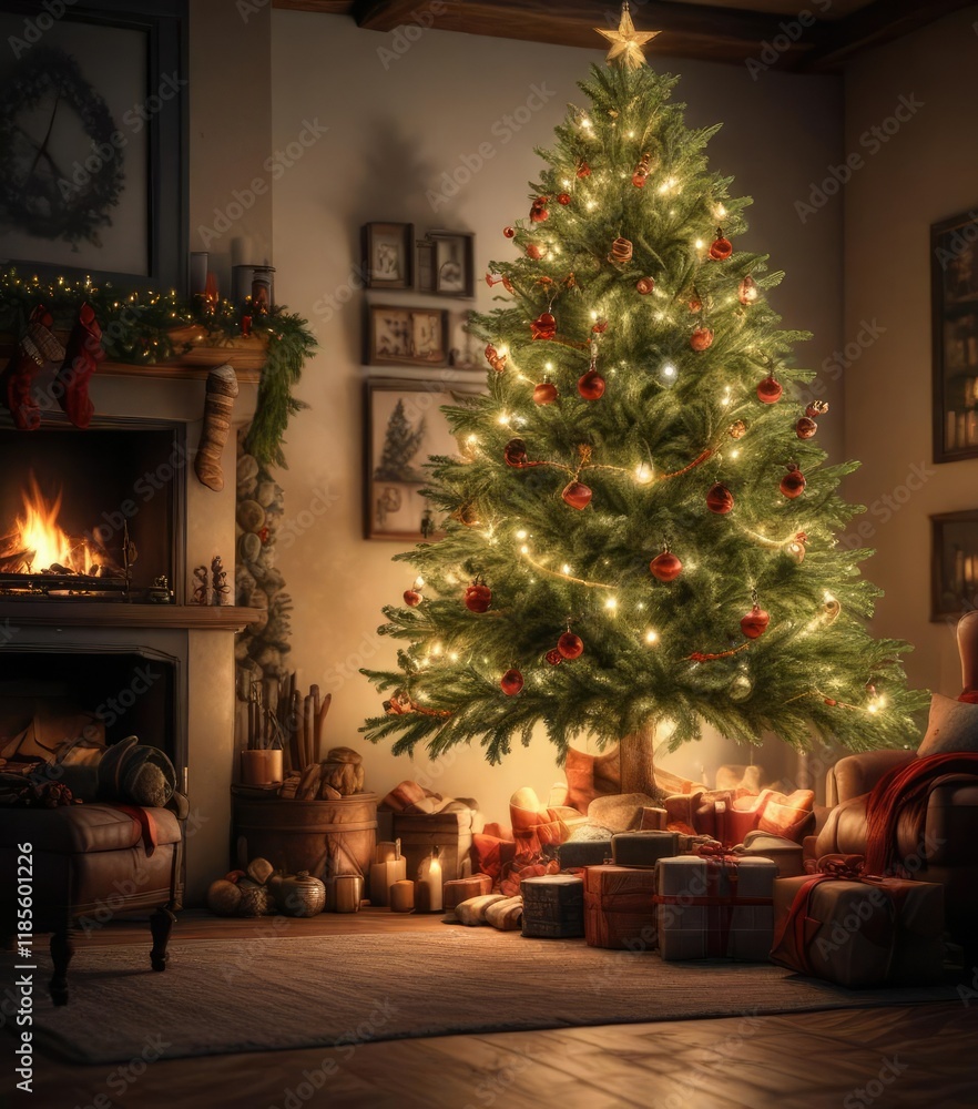 a beautifully decorated Christmas tree in front of a roaring fireplace, christmas tree, garlands, holiday cheer a beautifully decorated Christmas tree in front of a roaring fireplace, christmas tree, garlands, holiday cheer